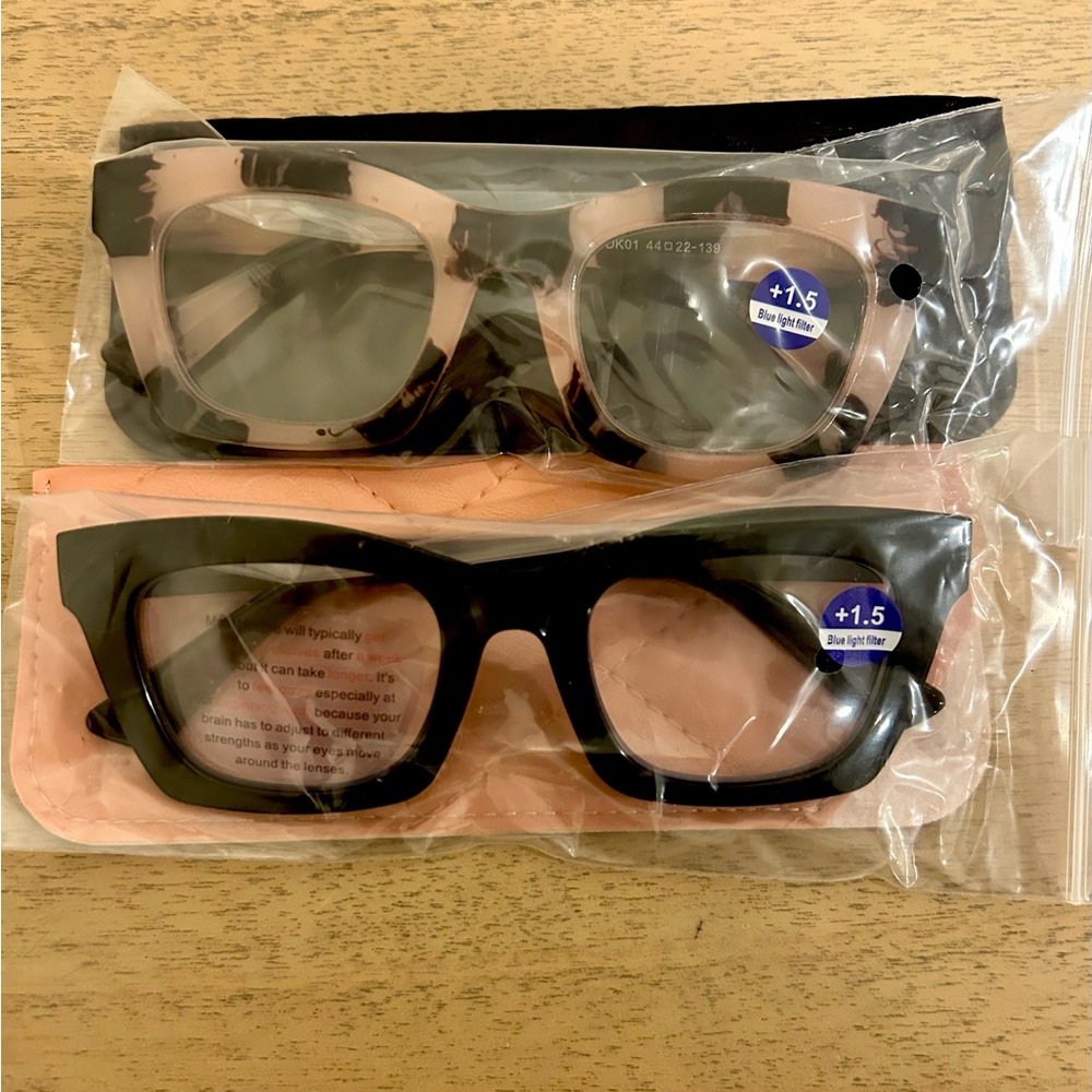 Stylish Black and Pink Progressive Reading Glasses with blue light filter. +1.5